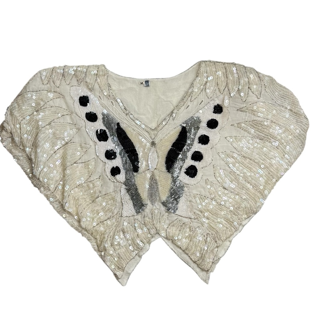 Vintage Sequin & Beaded Butterfly Top, Women’s Medium 100% silk ivory/black